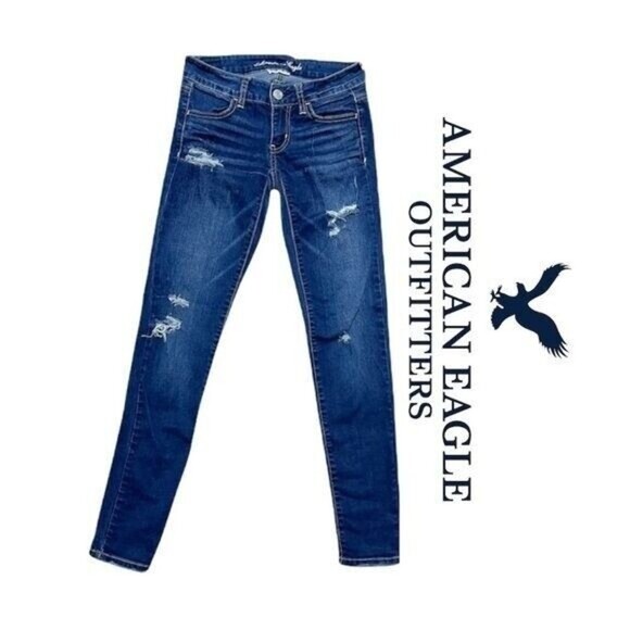 American Eagle Sz 0 Women Jeans Super Stretch Blue distressed - Picture 2 of 12